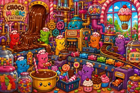 Jigsaw puzzle of gummy bears in a chocolate factory with candy machines and colorful pipes