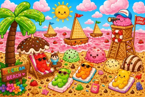 Jigsaw puzzle of ice cream characters relaxing on a pink beach beside waffle sailboats