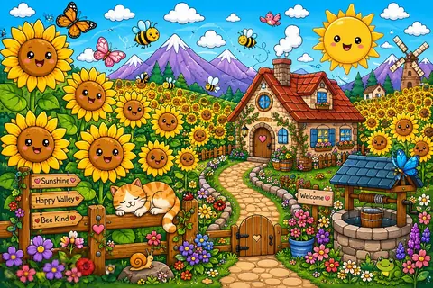 Jigsaw puzzle of cottage and winding garden path surrounded by sunflowers and mountains