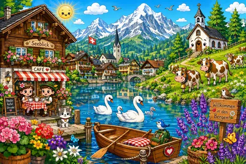 Jigsaw puzzle of swan lake and wooden boat beside an alpine village beneath snowy mountains