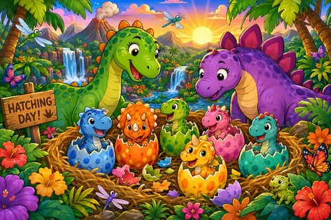 Jigsaw puzzle of baby dinosaurs hatching from colorful eggs beside adult dinosaurs