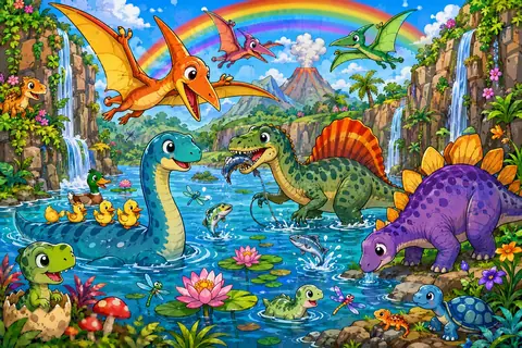 Jigsaw puzzle of dinosaurs swimming and playing in a lagoon beneath a flying pterosaur