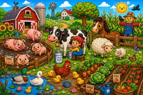 Jigsaw puzzle of farmer milking a cow beside pigs, sheep and a vegetable garden