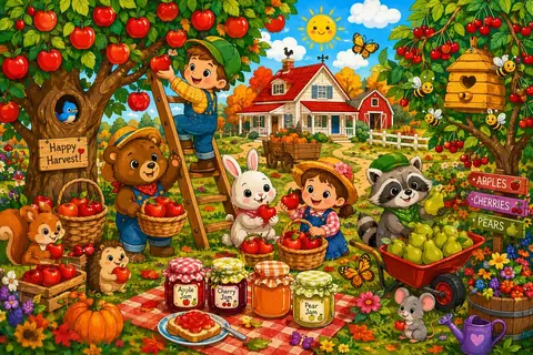 Jigsaw puzzle of children and animals picking apples and making jam in an orchard