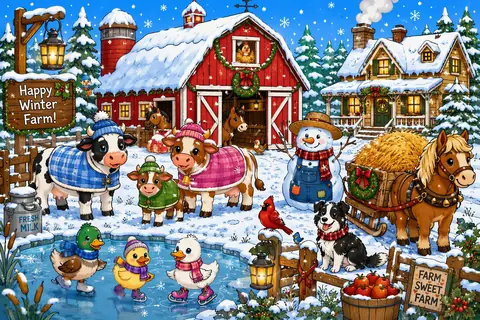 Jigsaw puzzle of farm animals in winter scarves beside a snowy red barn and snowman