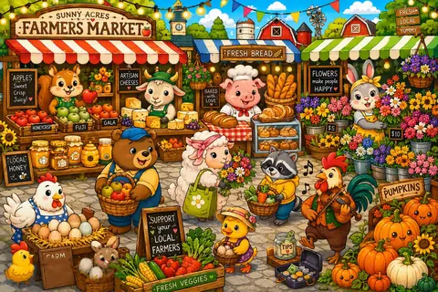 Jigsaw puzzle of animal shoppers buying fruit, vegetables and flowers at a farmers market
