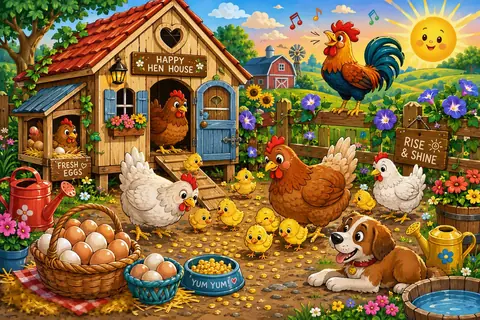Jigsaw puzzle of hens and chicks beside a chicken coop, egg baskets and a resting dog