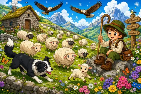Jigsaw puzzle of shepherd and sheepdog watching sheep on a green mountain hillside
