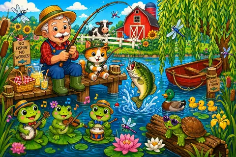 Jigsaw puzzle of child fishing beside a farm pond with a dog, frogs and a rowboat