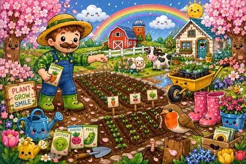 Jigsaw puzzle of child planting seedlings in a farm garden beneath blossoms and a rainbow