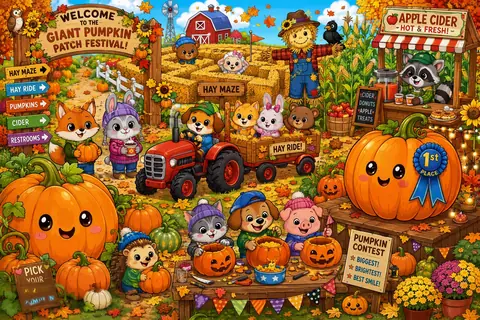 Jigsaw puzzle of animals and children at a pumpkin patch with a red tractor and autumn stalls