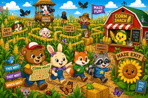 Jigsaw puzzle of animal friends exploring a corn maze beside a farm corn shack