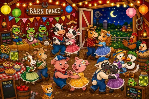 Jigsaw puzzle of farm animals dancing in a barn under lanterns and string lights