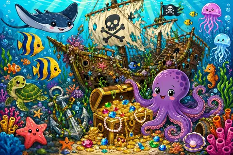 Jigsaw puzzle of purple octopus beside a treasure chest and sunken pirate ship