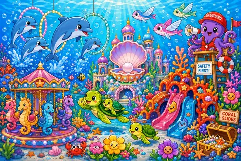 Jigsaw puzzle of sea creatures playing at an underwater amusement park with a carousel and slide