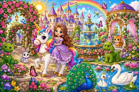 Jigsaw puzzle of princess riding a white unicorn through a flower garden beside a castle