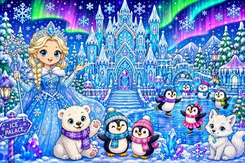 Jigsaw puzzle of ice princess with a polar bear and penguins outside a frozen castle