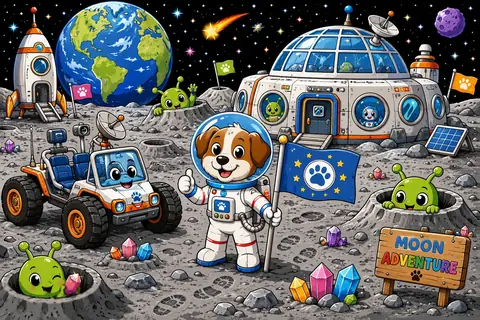 Jigsaw puzzle of dog astronaut exploring a moon base with a rover and glass-domed habitat