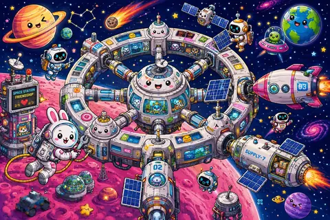 Jigsaw puzzle of animal astronauts beside a circular space station surrounded by planets