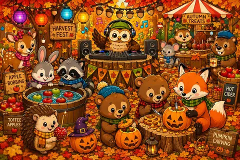 Jigsaw puzzle of woodland animals celebrating an autumn harvest with pumpkins and lanterns