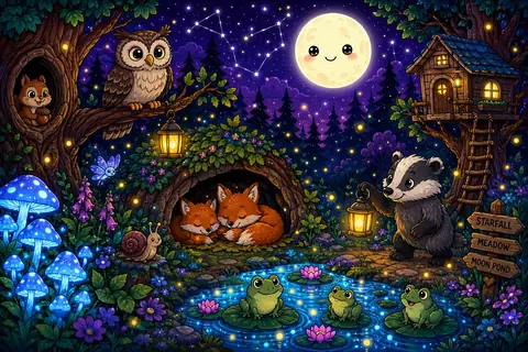 Jigsaw puzzle of owl, sleeping fox and woodland animals beside a moonlit glowing pond