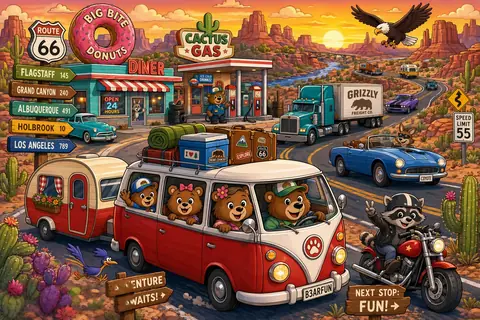 Jigsaw puzzle of camper van, trucks and motorcycles beside a desert roadside diner