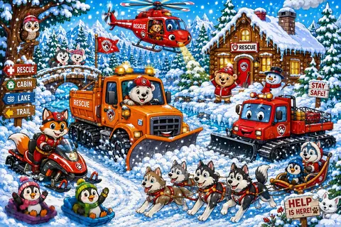 Jigsaw puzzle of snowplow, rescue helicopter and dog sled outside a snowy mountain cabin